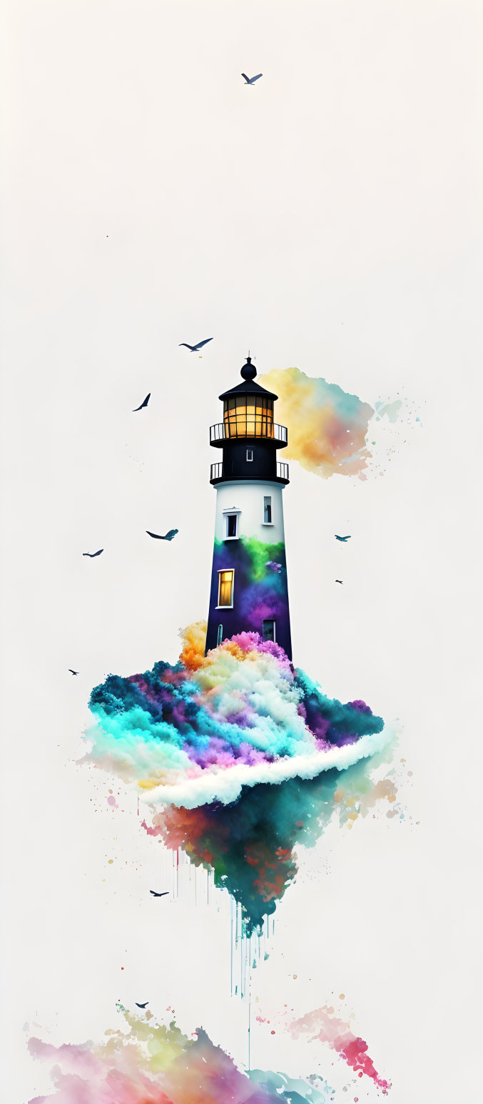 Colorful Lighthouse Scene with Birds on Pale Background