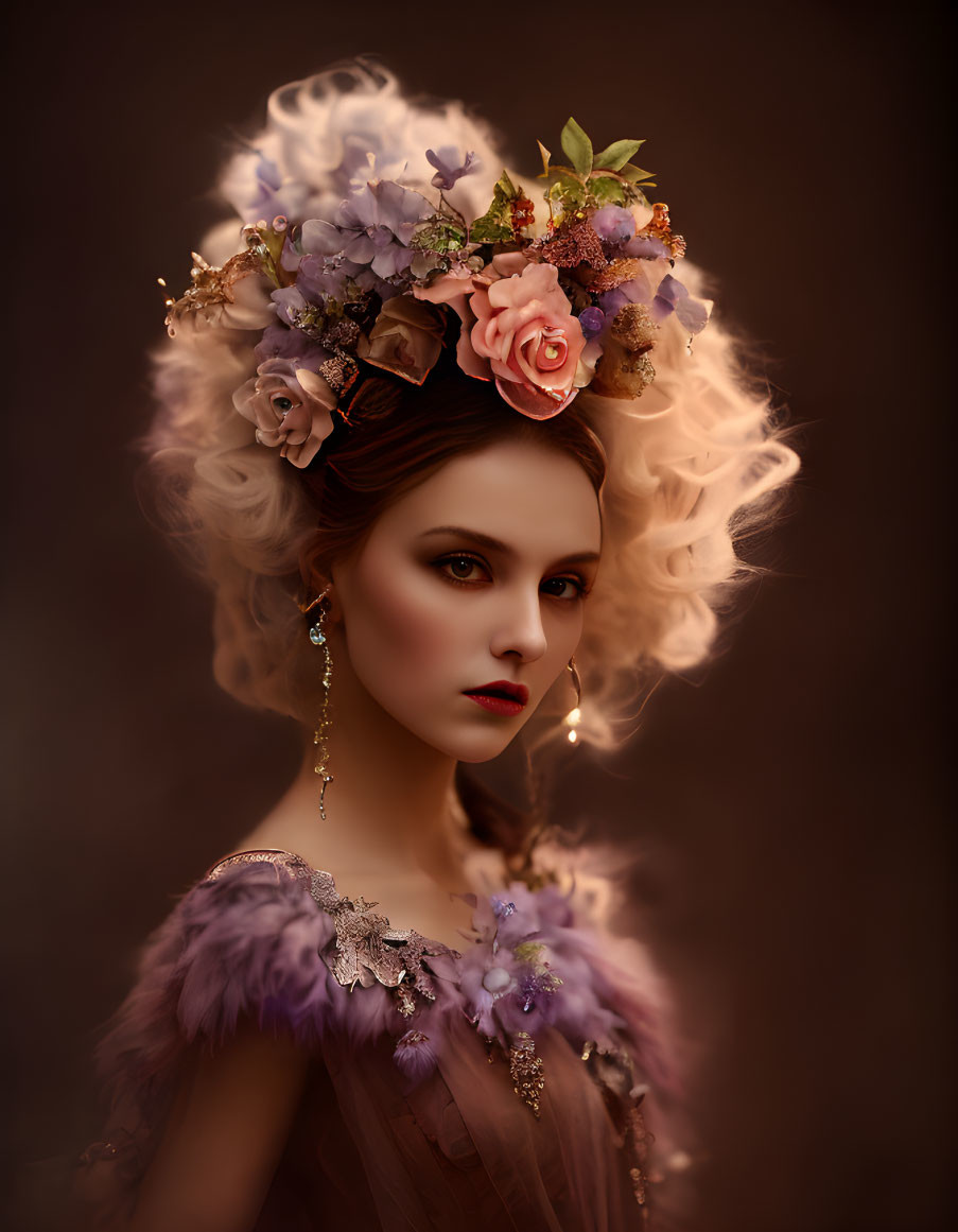 Blonde woman in floral headpiece and vintage attire on brown background