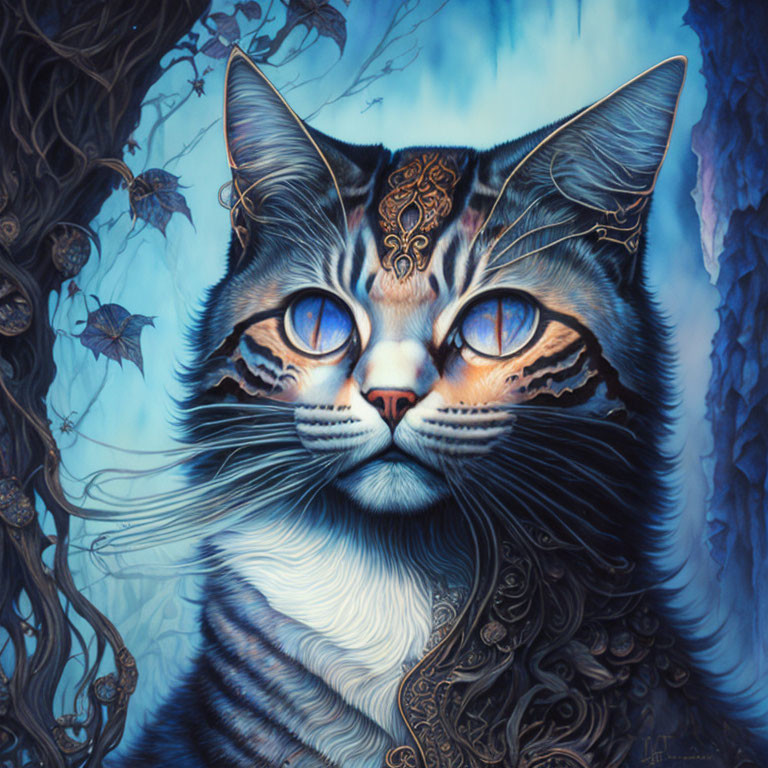 Detailed illustration of majestic cat with blue eyes, intricate fur patterns, and ornate head adornments in