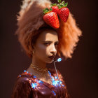 Blonde woman in floral headpiece and vintage attire on brown background