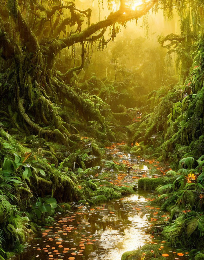 Sunlit Stream in Moss-Covered Forest with Dense Foliage