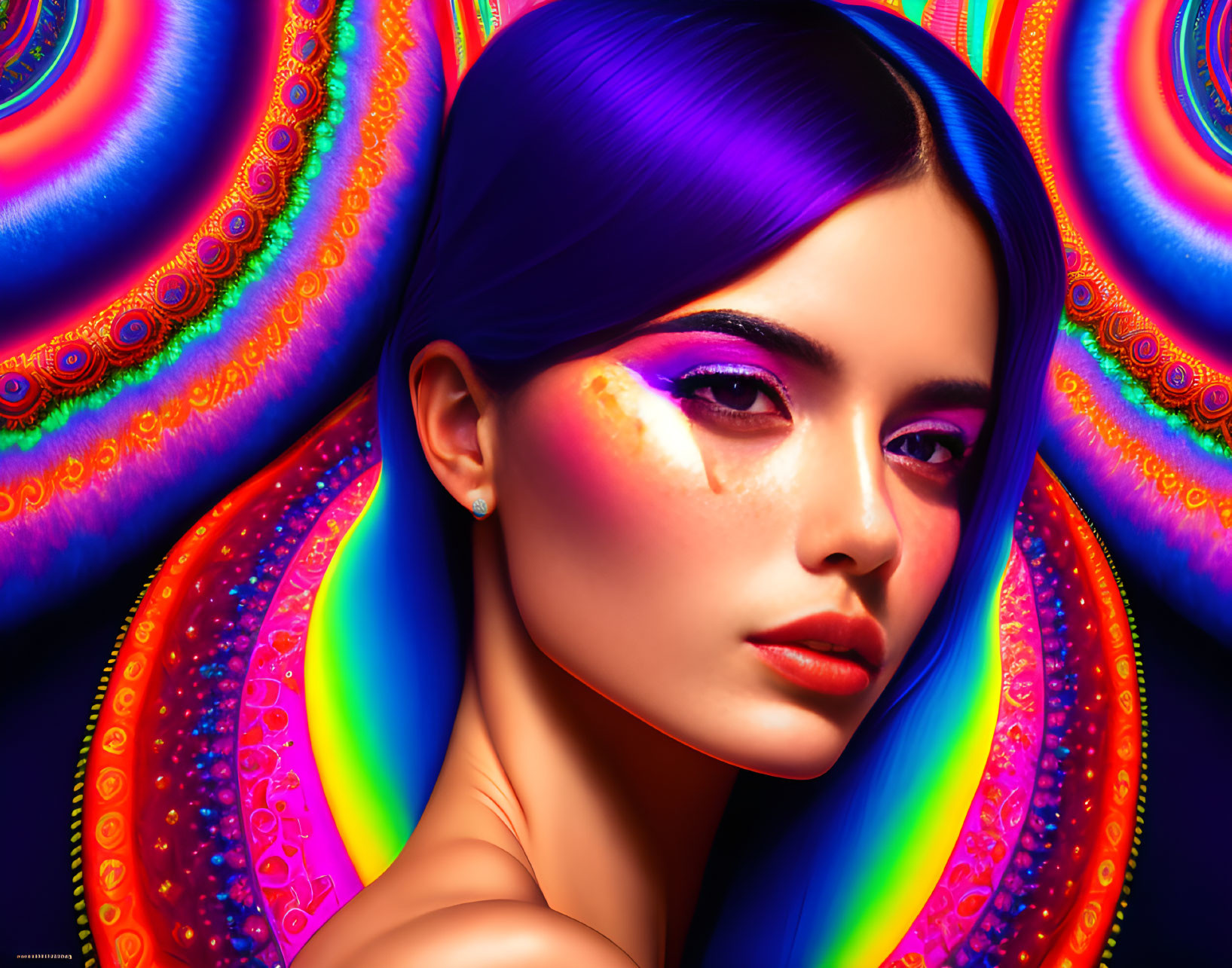 Colorful rainbow makeup on young woman against psychedelic swirl background