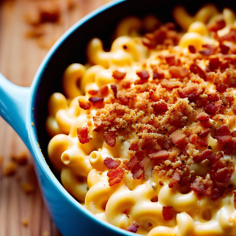 Creamy Macaroni and Cheese with Bacon and Breadcrumbs on Wooden Surface