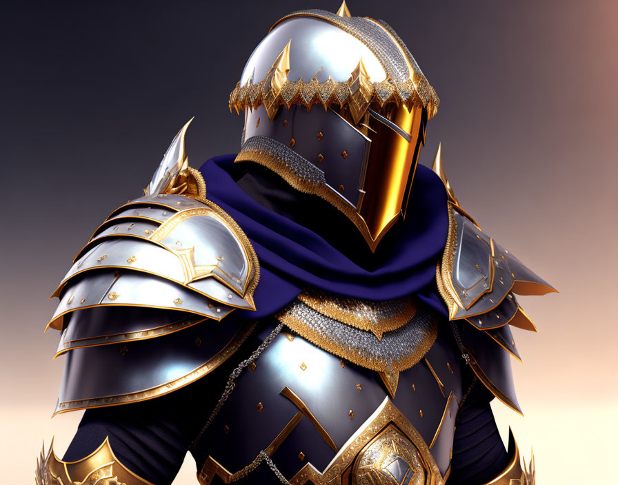 Detailed illustration: Shiny knight in ornate armor with gold trim and blue cloak on gradient backdrop