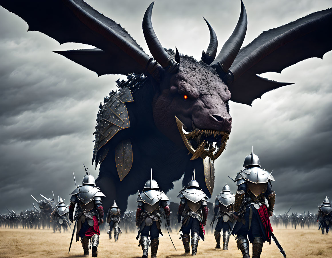 Armored beast and knights on medieval battlefield under brooding sky