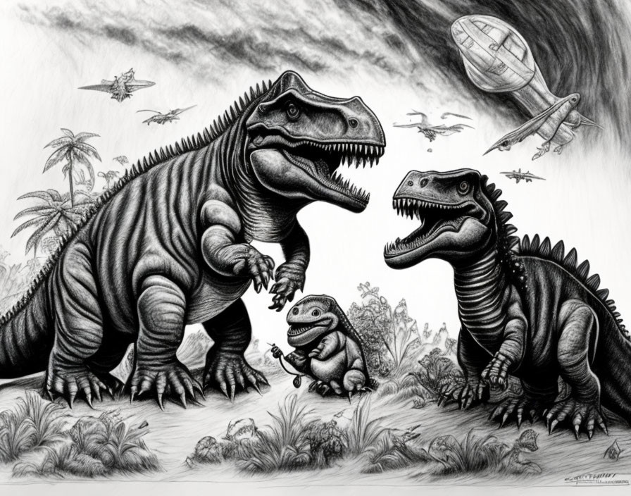 Pencil illustration of three dinosaurs in prehistoric landscape