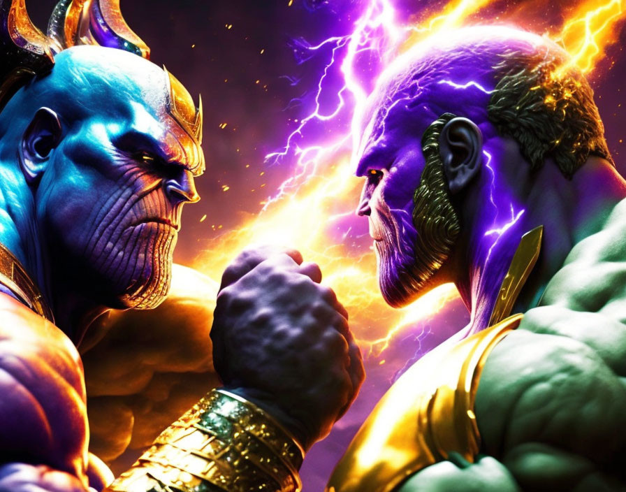 Purple-skinned animated characters in golden armor arm-wrestling in lightning-filled scene