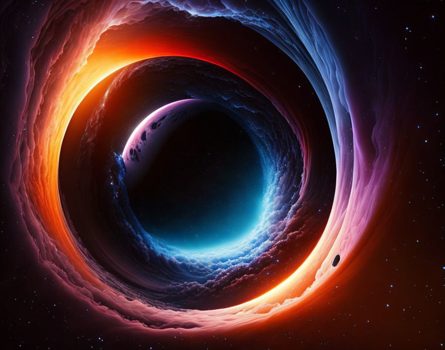 Colorful Digital Art: Cosmic Black Hole with Fiery Accretion Disk in Space