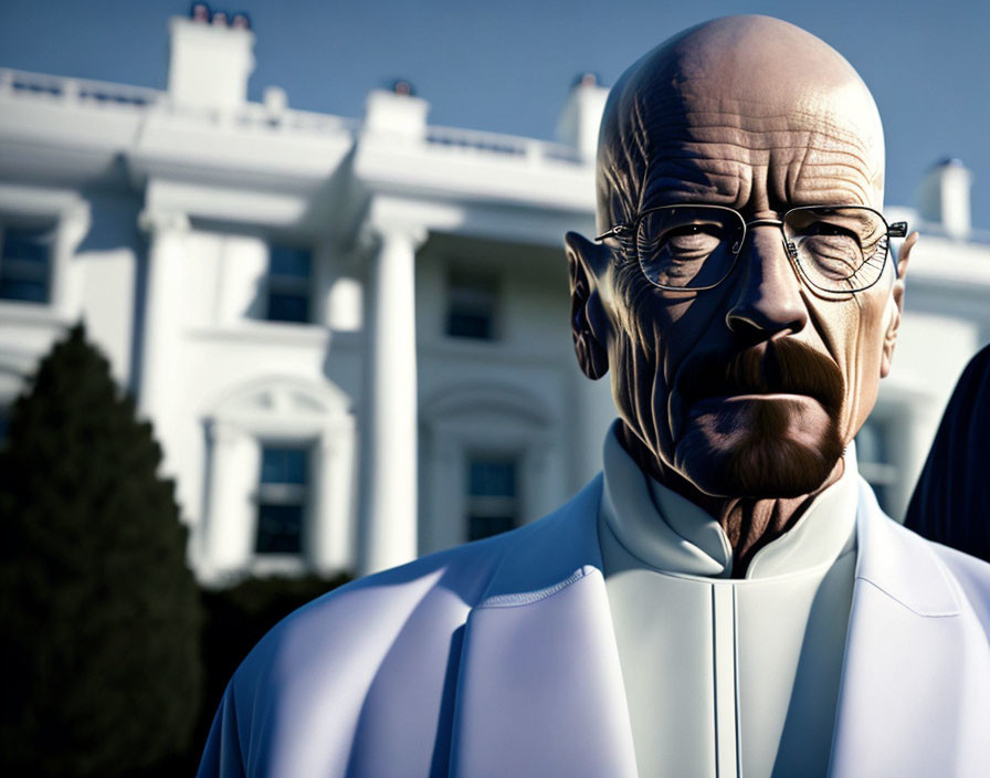 Bald Man with Glasses and Goatee in White Suit at White House