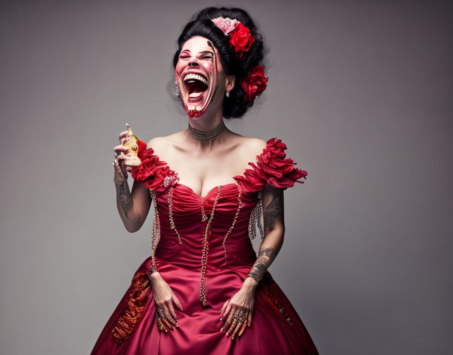 Woman in red vintage dress with dramatic makeup holding figurine, rose in hair, tattoos on arms