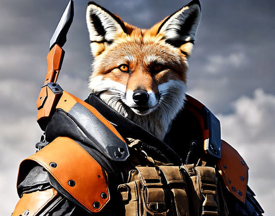 Fox head on human body in futuristic armor under cloudy sky.