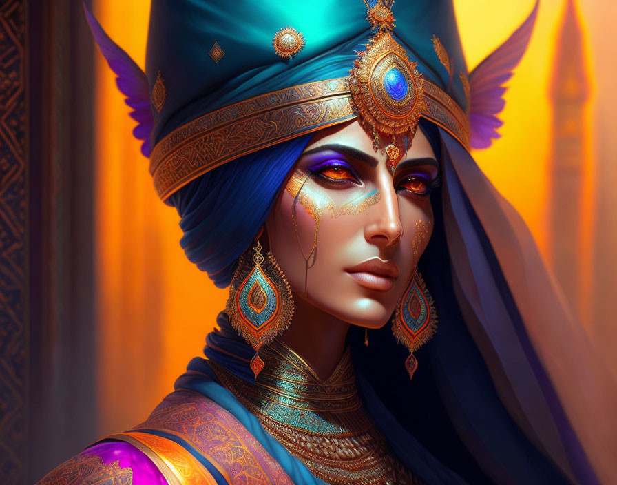 Blue-skinned regal figure adorned in golden headdress and jewelry in warm, amber setting