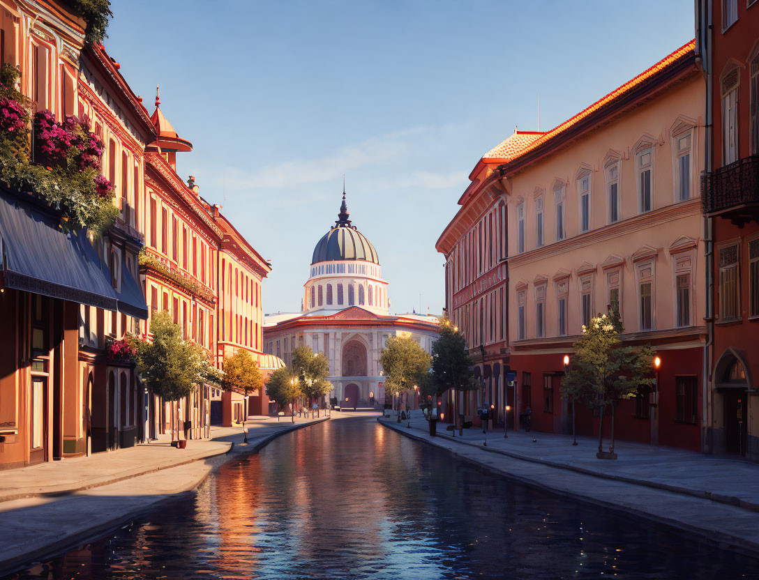 Neoclassical architecture canal scene with domed structure at sunset