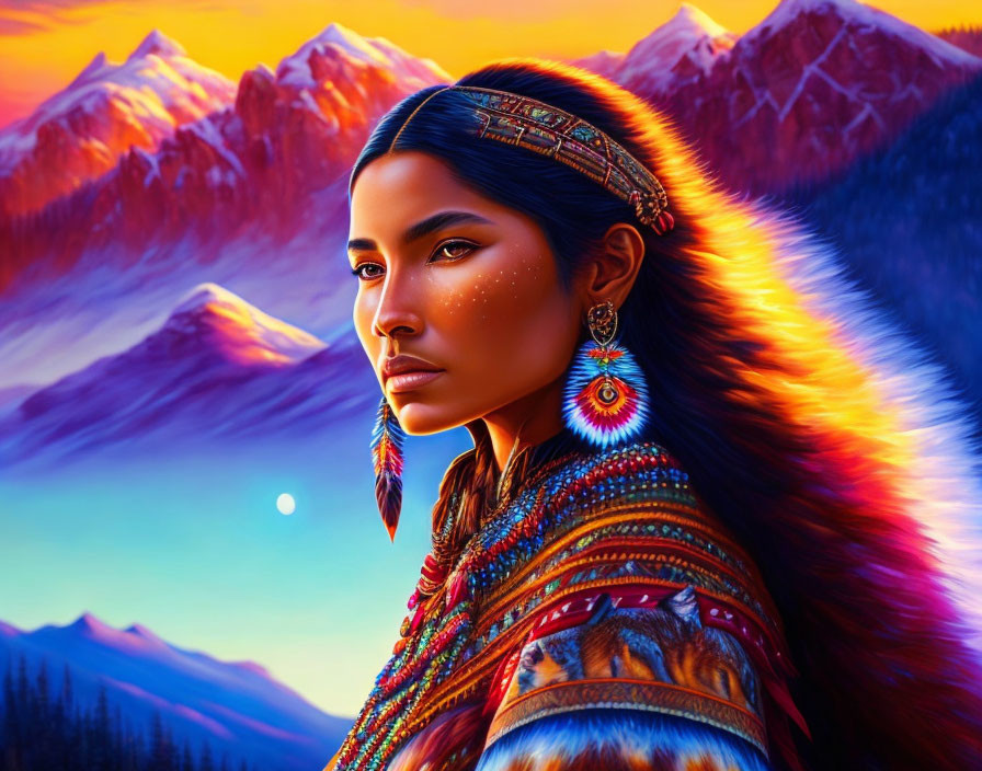 Woman in indigenous attire against purple mountains at sunset