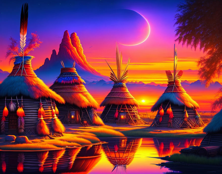 Vibrant sunset with traditional huts by calm river and crescent moon