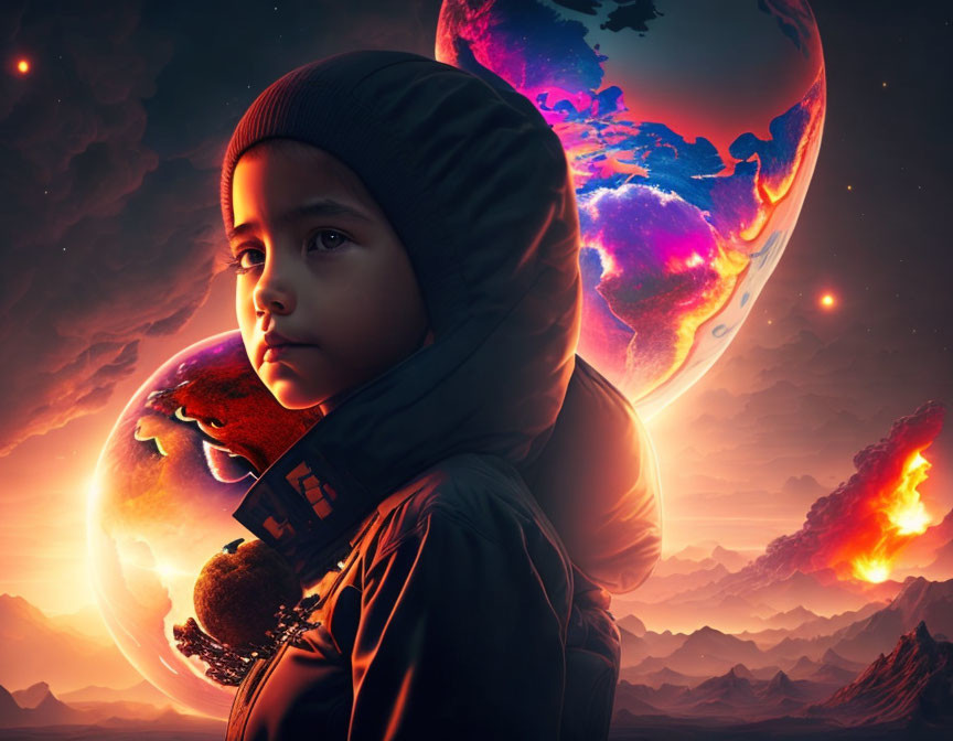 Child in hood gazes at cosmic backdrop with planets, stars, and fiery landscape