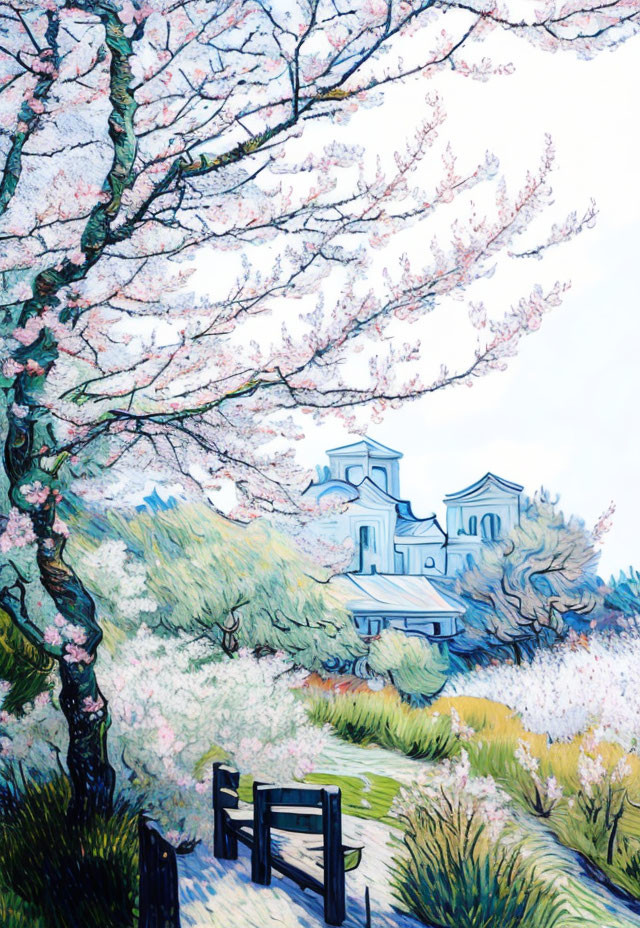 Cherry Blossoms Painting with Tranquil House and Fence