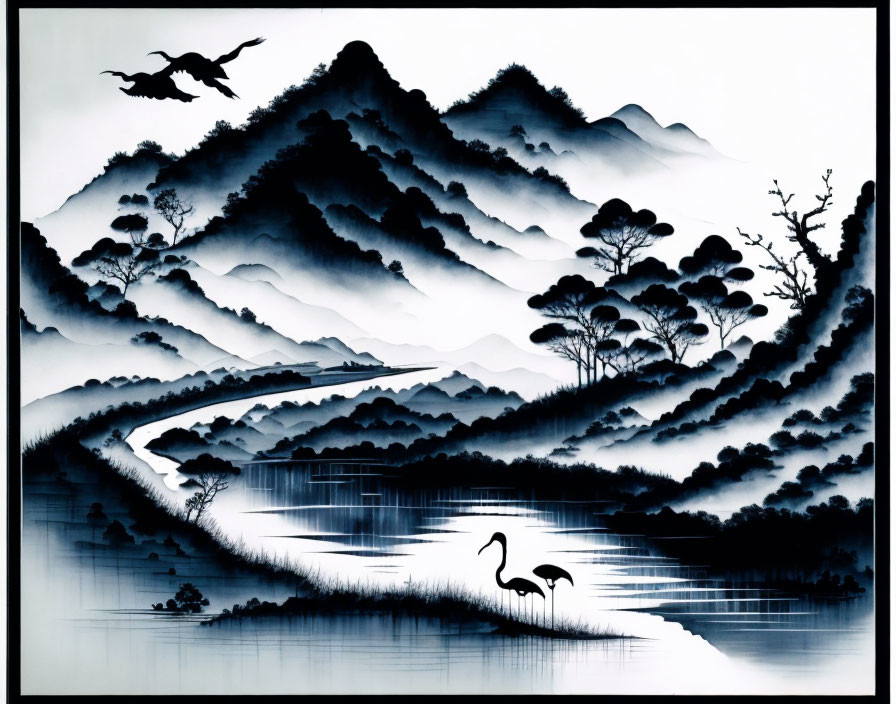 Serene Chinese ink painting of mountains, river, trees, cranes, and bird