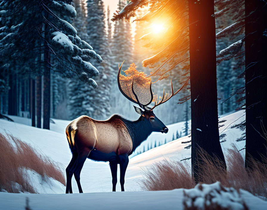 Majestic elk in snowy forest at sunset with impressive antlers