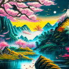 Stylized landscape with cherry blossoms, pagodas, mountains, river, and birds