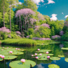 Tranquil lake with water lilies, forest, pink flowering trees, blue sky