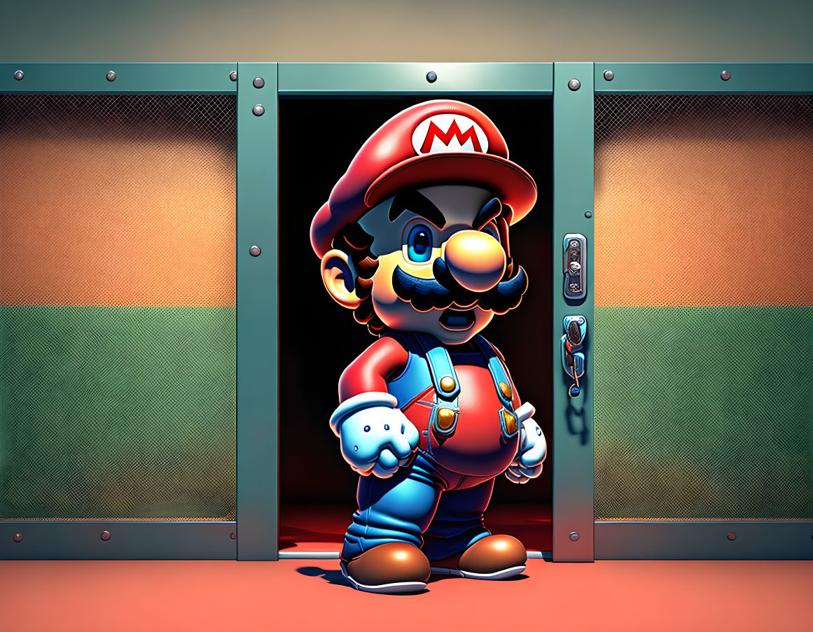 Mario video game character in front of elevator, confident pose and smile