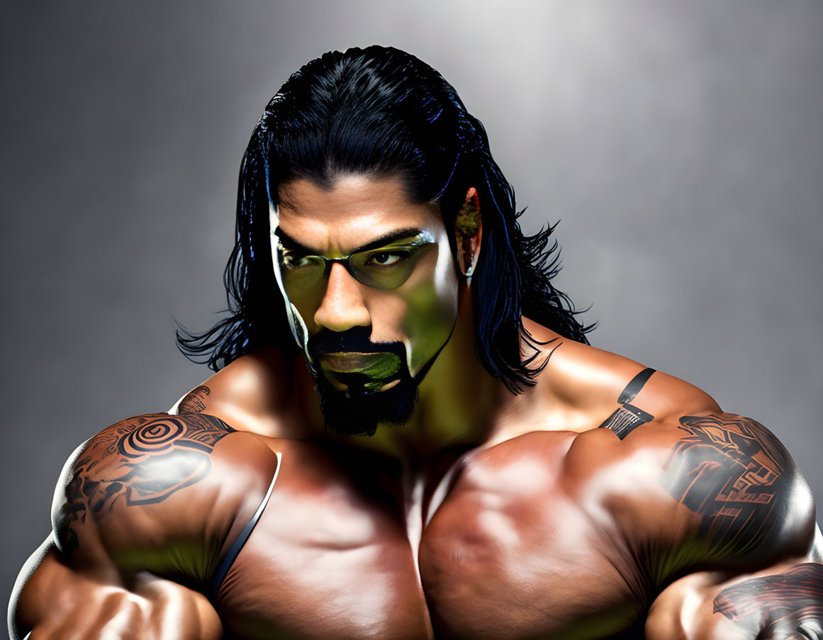 Muscular tattooed man with long hair and painted face in fierce pose on gray backdrop