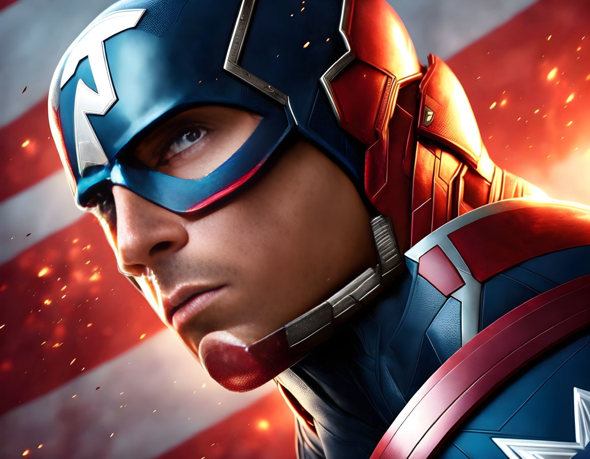 Detailed Captain America costume close-up against fiery backdrop