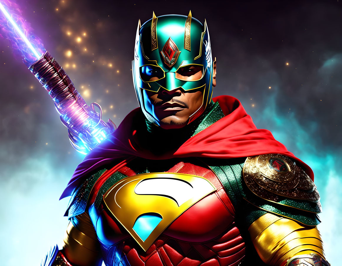 Superhero digital artwork: blue and gold mask, red cape, "S" emblem, cosmic background