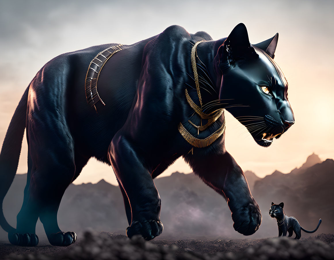 Black Panther with Gold Adornments Stands Beside Smaller Panther at Dusk