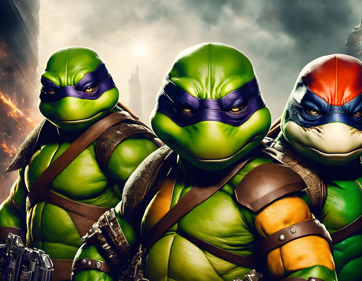 Three Teenage Mutant Ninja Turtles in combat gear against cityscape