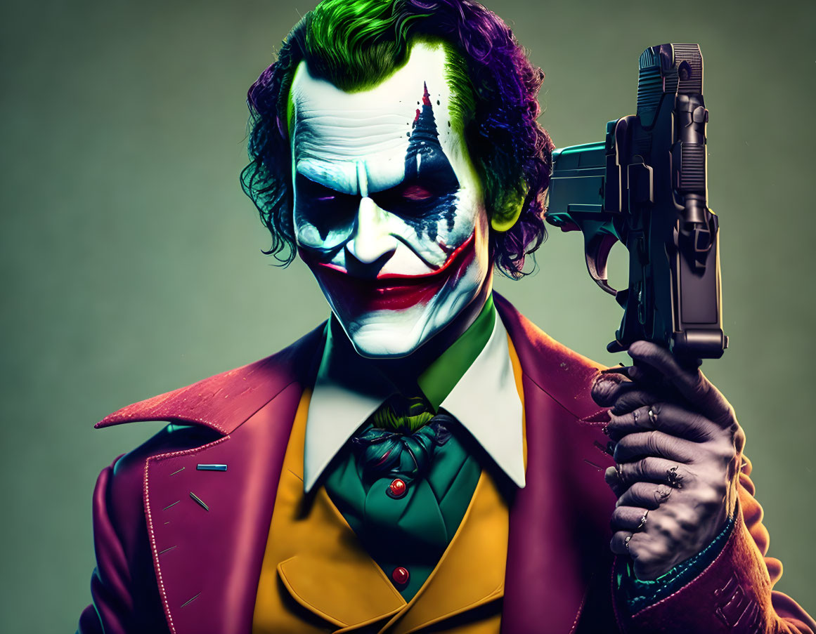 Person in Joker costume holding gun to head on green background