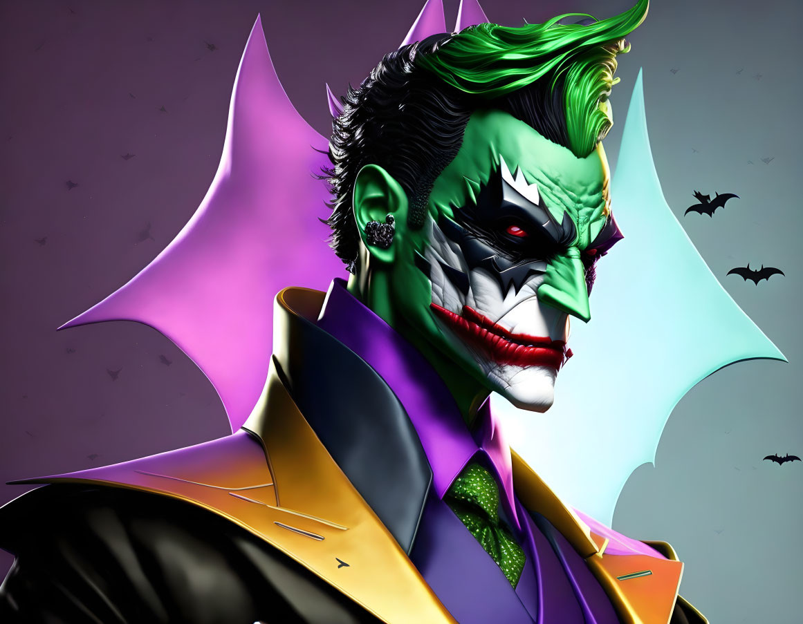 Illustration of Joker with green hair, clown makeup, purple suit, and bats backdrop.