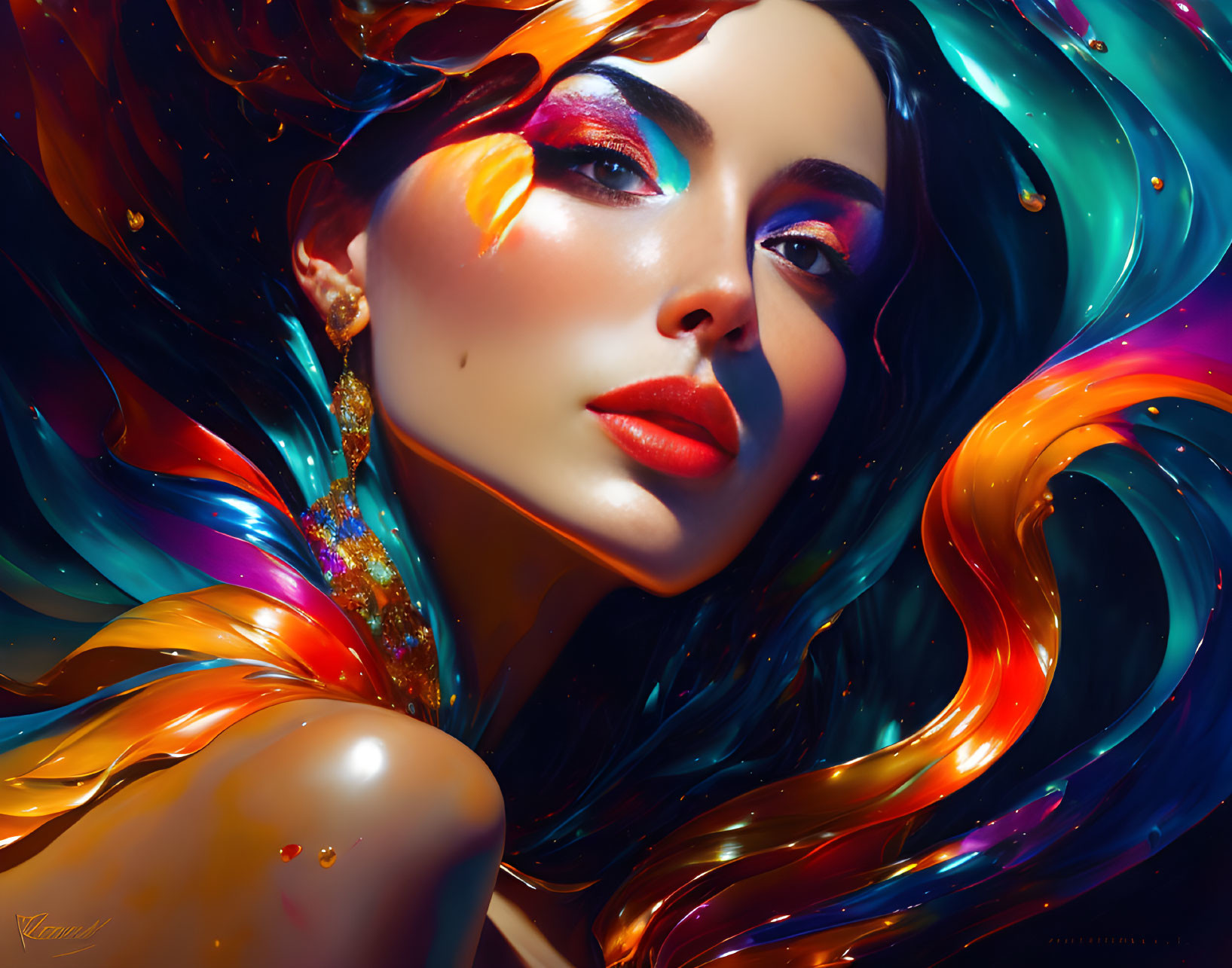 Colorful digital artwork of a woman with vibrant, multicolored hair and glossy, reflective skin