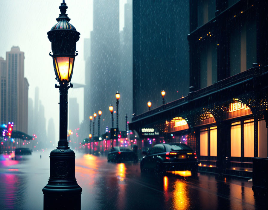 City street at dusk: Rain-soaked scene with glowing street lamps and car lights