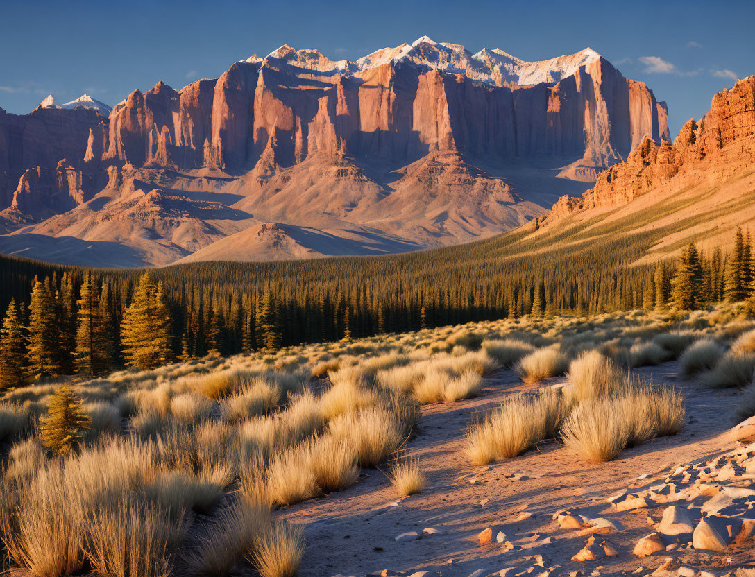 Scenic sunset over rugged mountain range with forest and grassy foreground