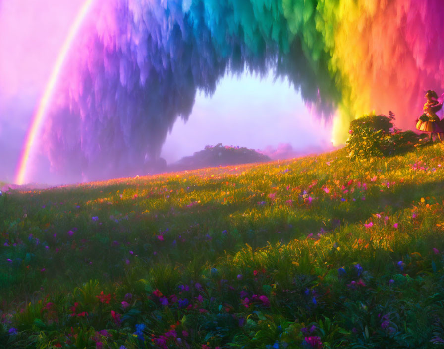 Rainbow over flower-filled meadow with person silhouette in misty ambiance