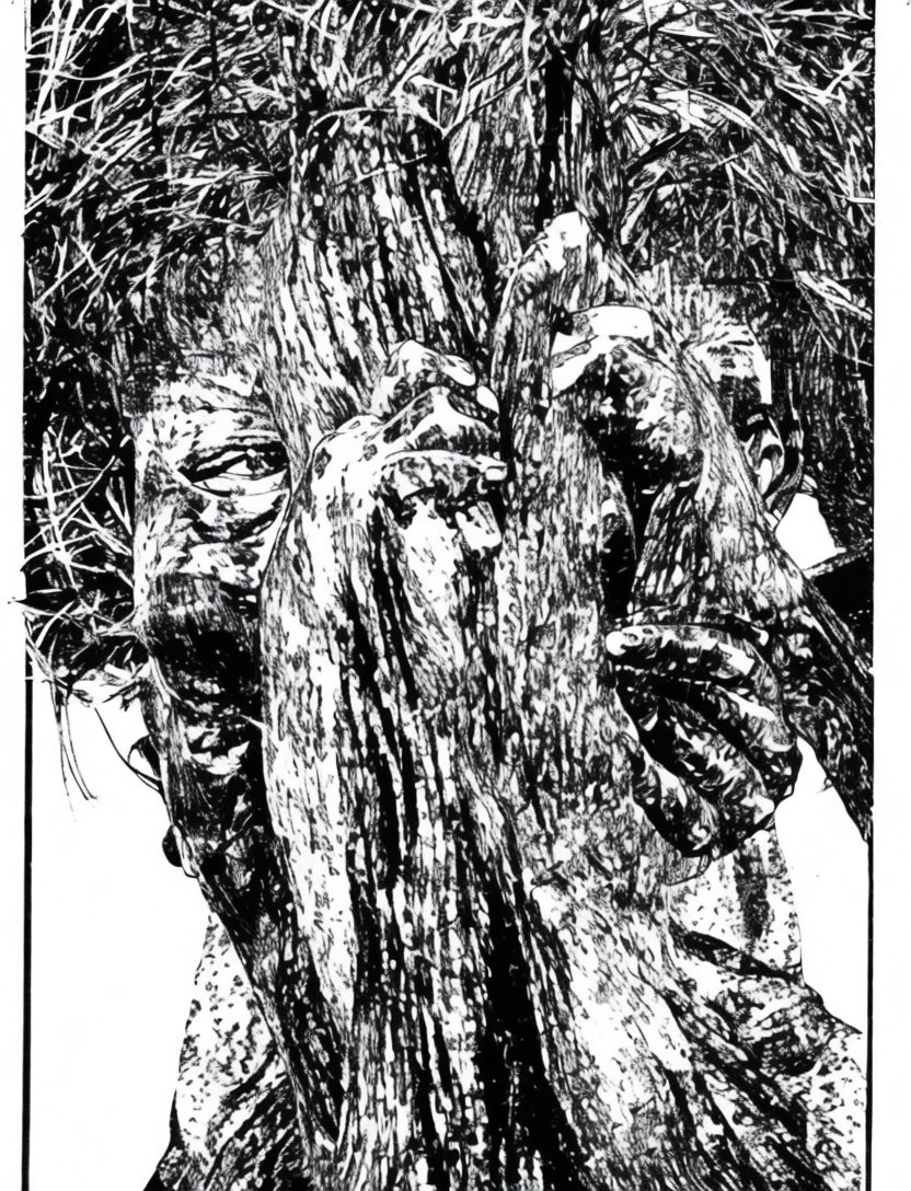 Detailed Black and White Illustration of Faces and Hands Blending with Tree Texture