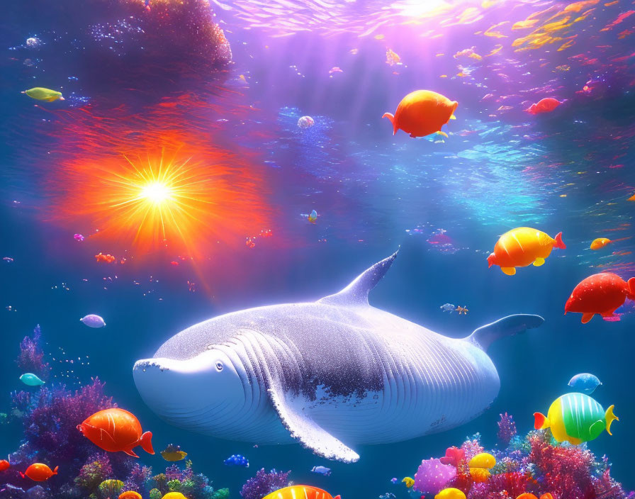 Colorful underwater scene with large whale and marine life.