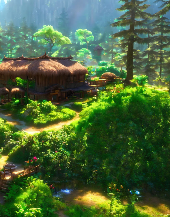 Tranquil animated scene: Thatched huts, lush greenery, sunbeams, creek