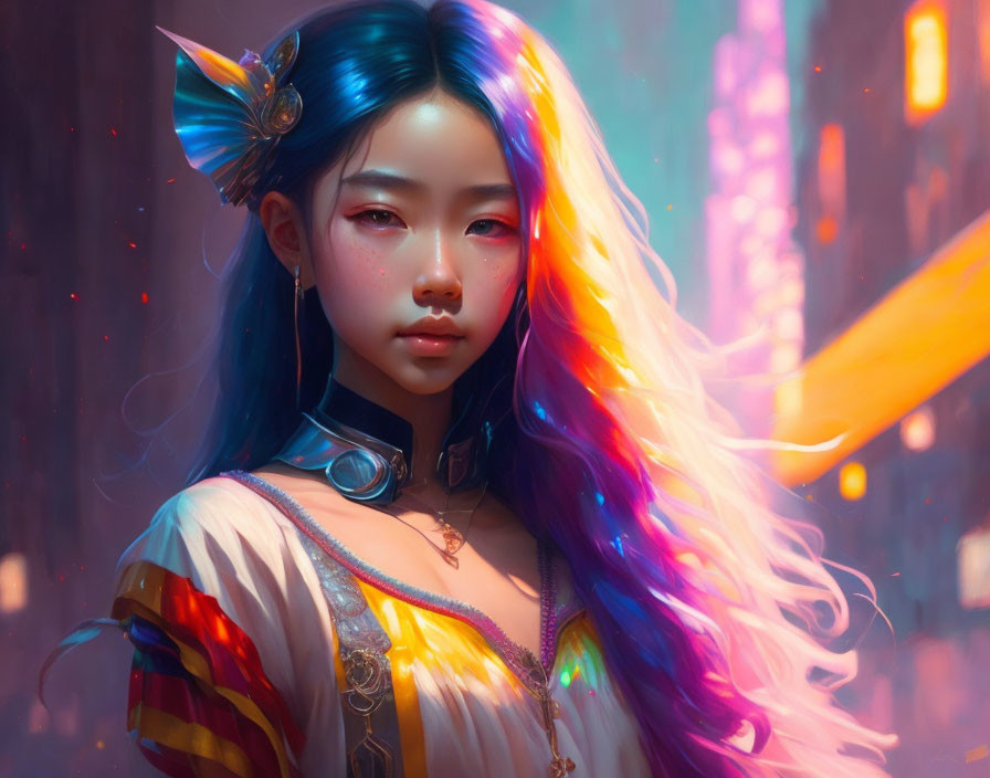 Colorful girl with rainbow hair in futuristic neon setting