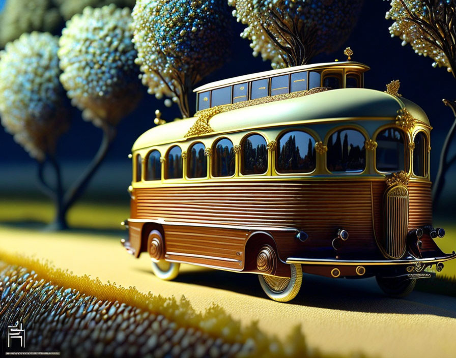 Vintage Golden and Wooden Bus in Ornate Detail, Traveling Through Stylized Landscape