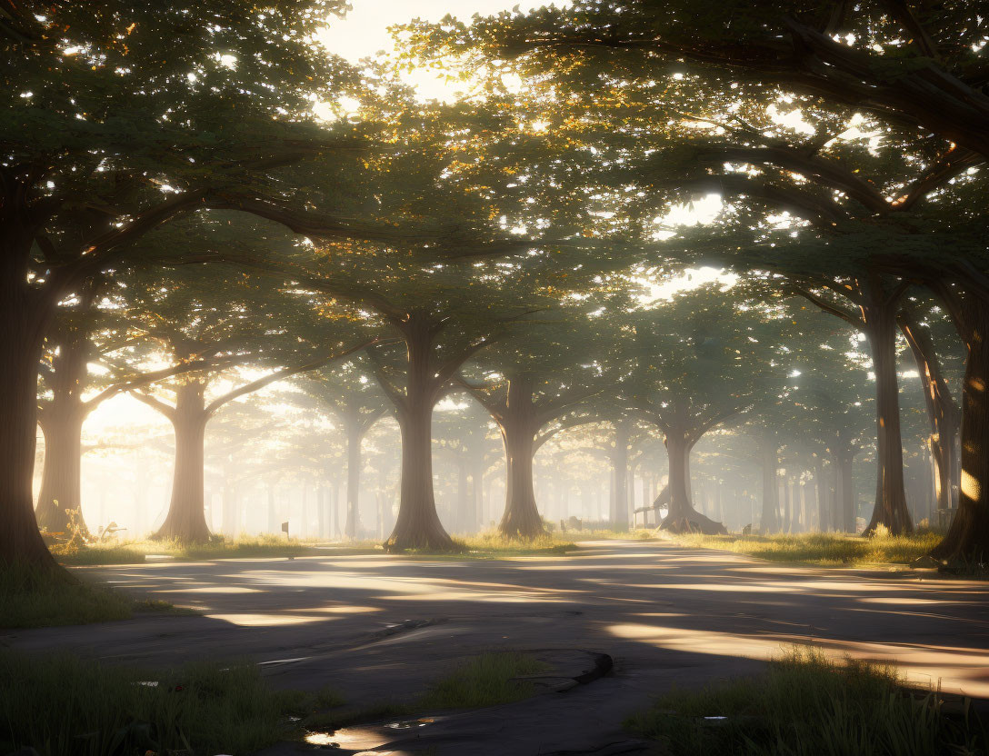 Sunlight filtering through towering trees in serene park path