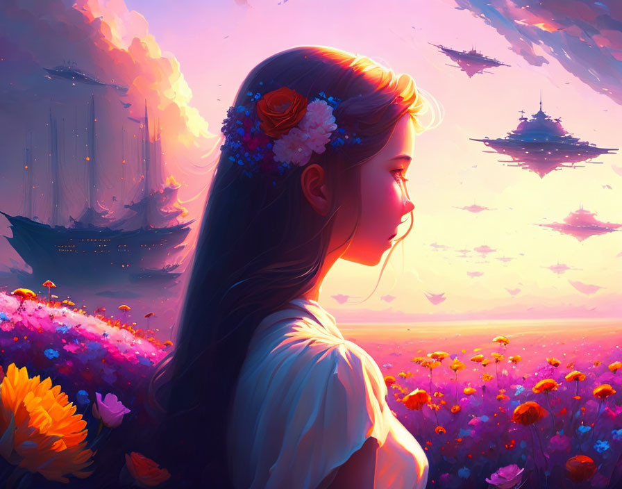 Woman with flowers in hair gazing at sunset sky with floating ships and vibrant field