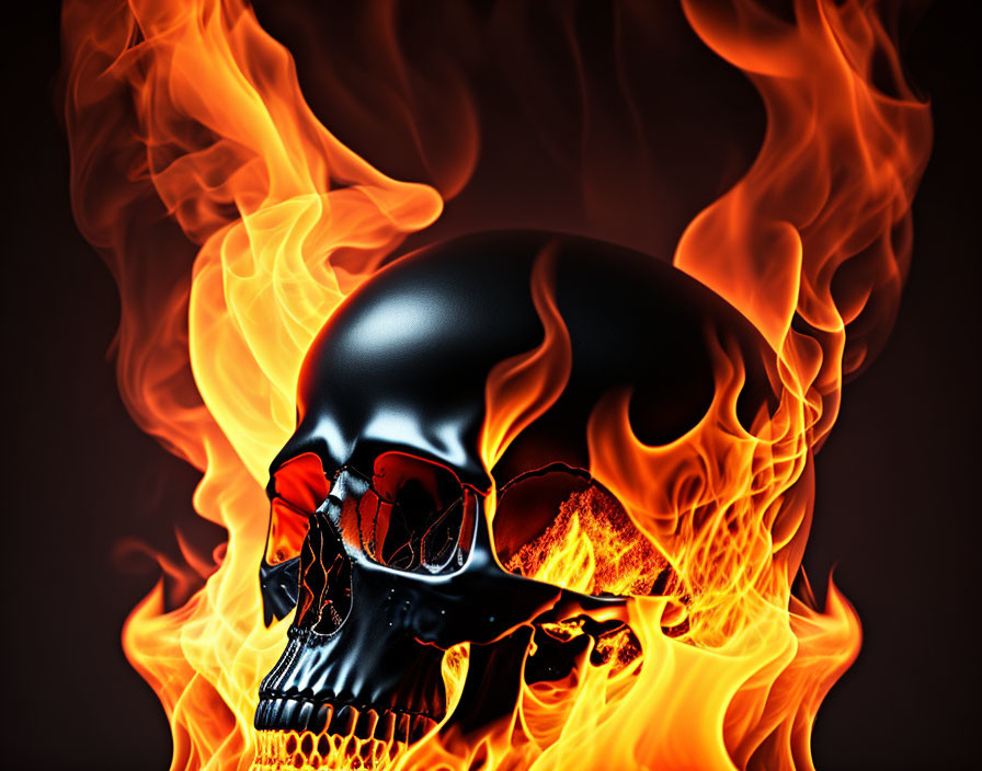 Black skull engulfed in orange-red flames on dark background