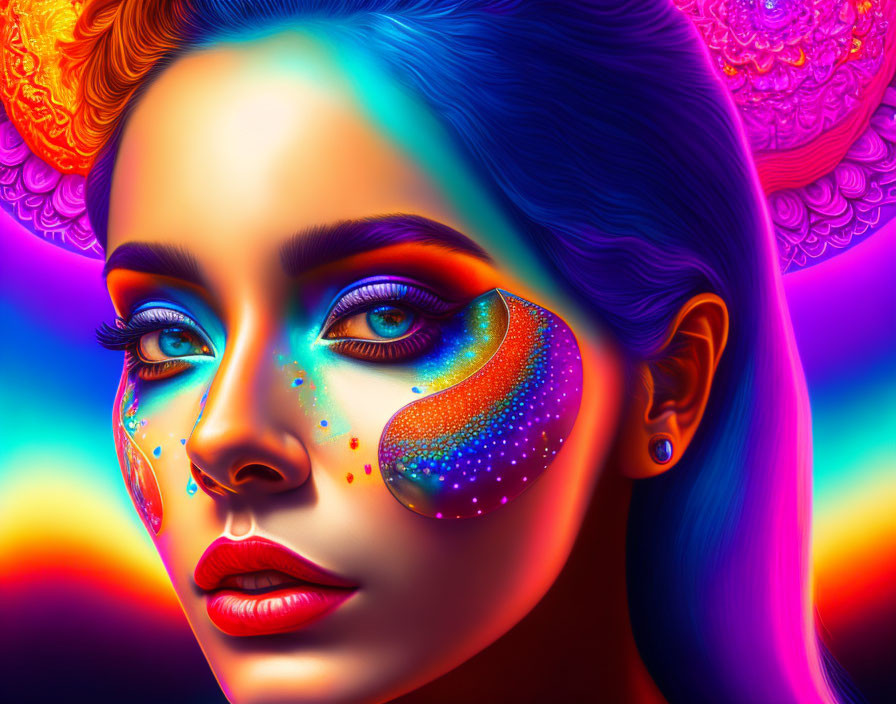 Colorful digital portrait of a woman with intricate makeup and headpiece