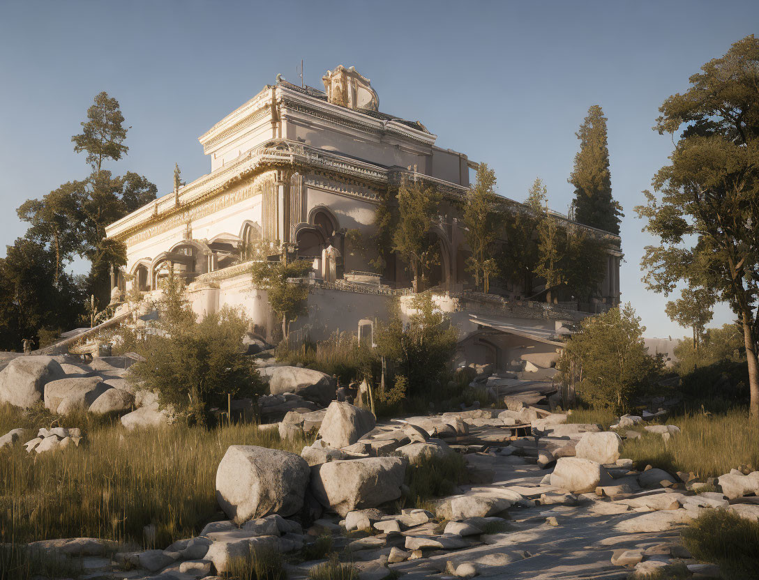 Majestic classical building on hill with stone pathway, trees, boulders in sunny natural landscape