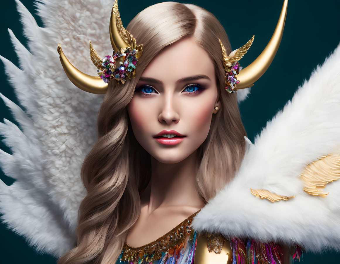 Golden horned headdress, jewels, feathered wings fantasy depiction