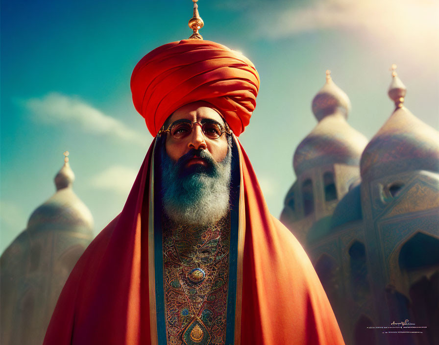 Regal man in red turban and robe against blue sky and domed structures