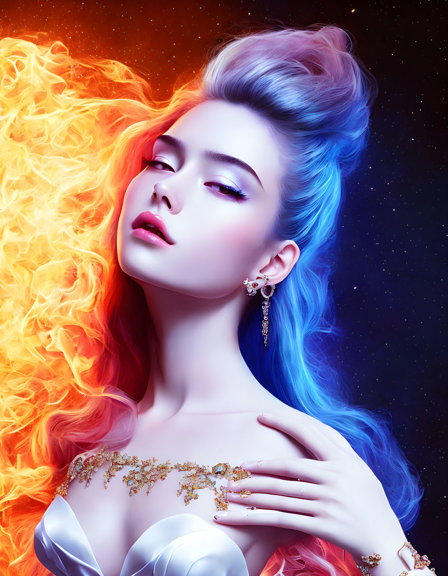 Blue-haired woman with flames, starry backdrop: A striking contrast of elements.